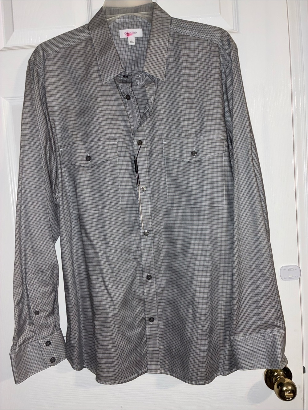 Calvin Klein Men's Gray Micro-Check Long Sleeve Shirt